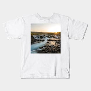 Beatiful Waterfall in Iceland with Midnight Sunset Kids T-Shirt